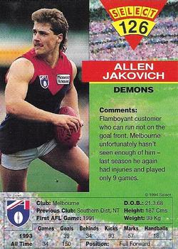 1994 Select AFL #126 Allen Jakovich Back